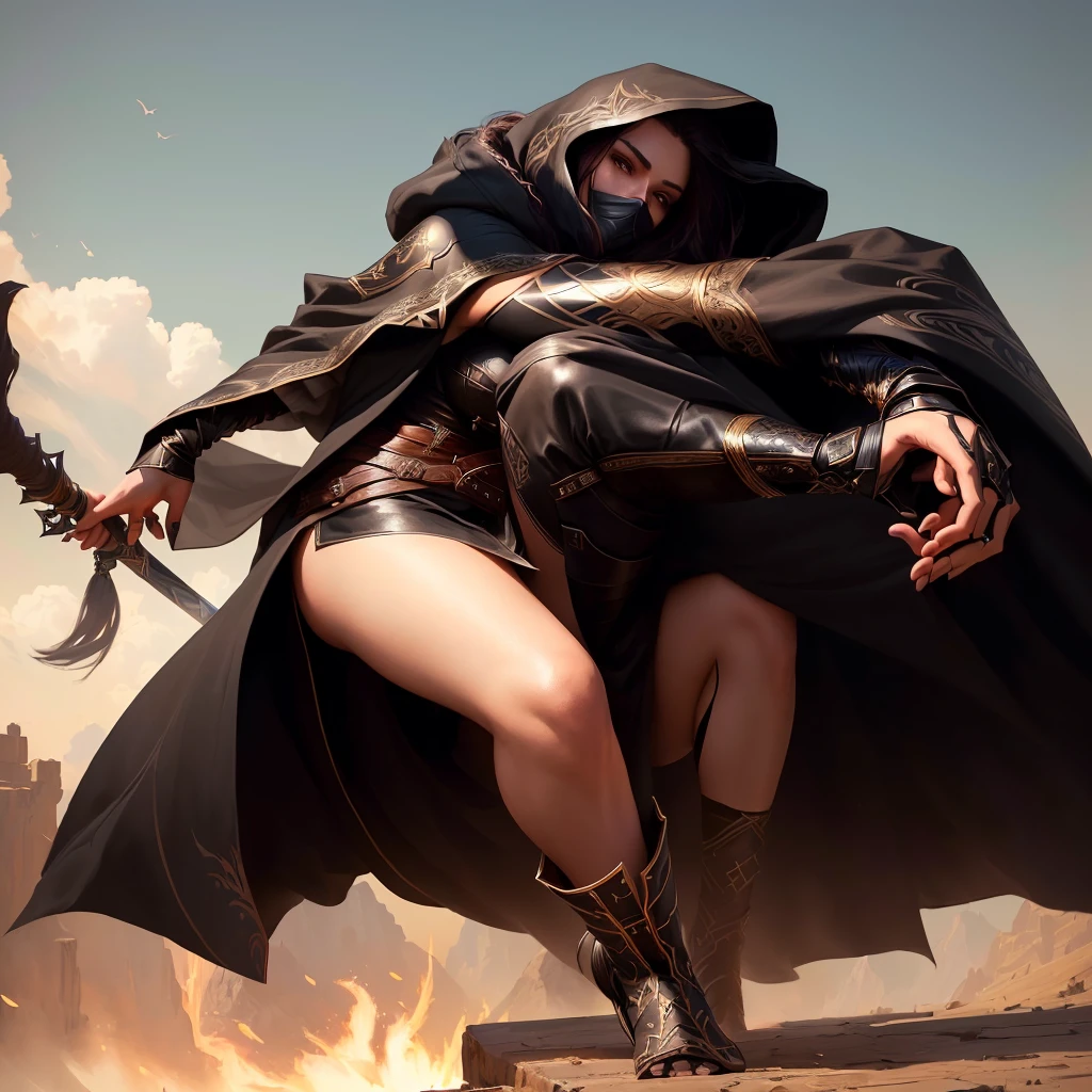 arafed woman in a black outfit with a hood, wojtek fus, warrior outfit, beautiful female assassin, flowing robes and leather armor, beautiful female warrior, fantasy leather clothing, female assassin, alena aenami and artgerm, female warrior, fantasy style clothing, by Han Gan, fantasy clothing