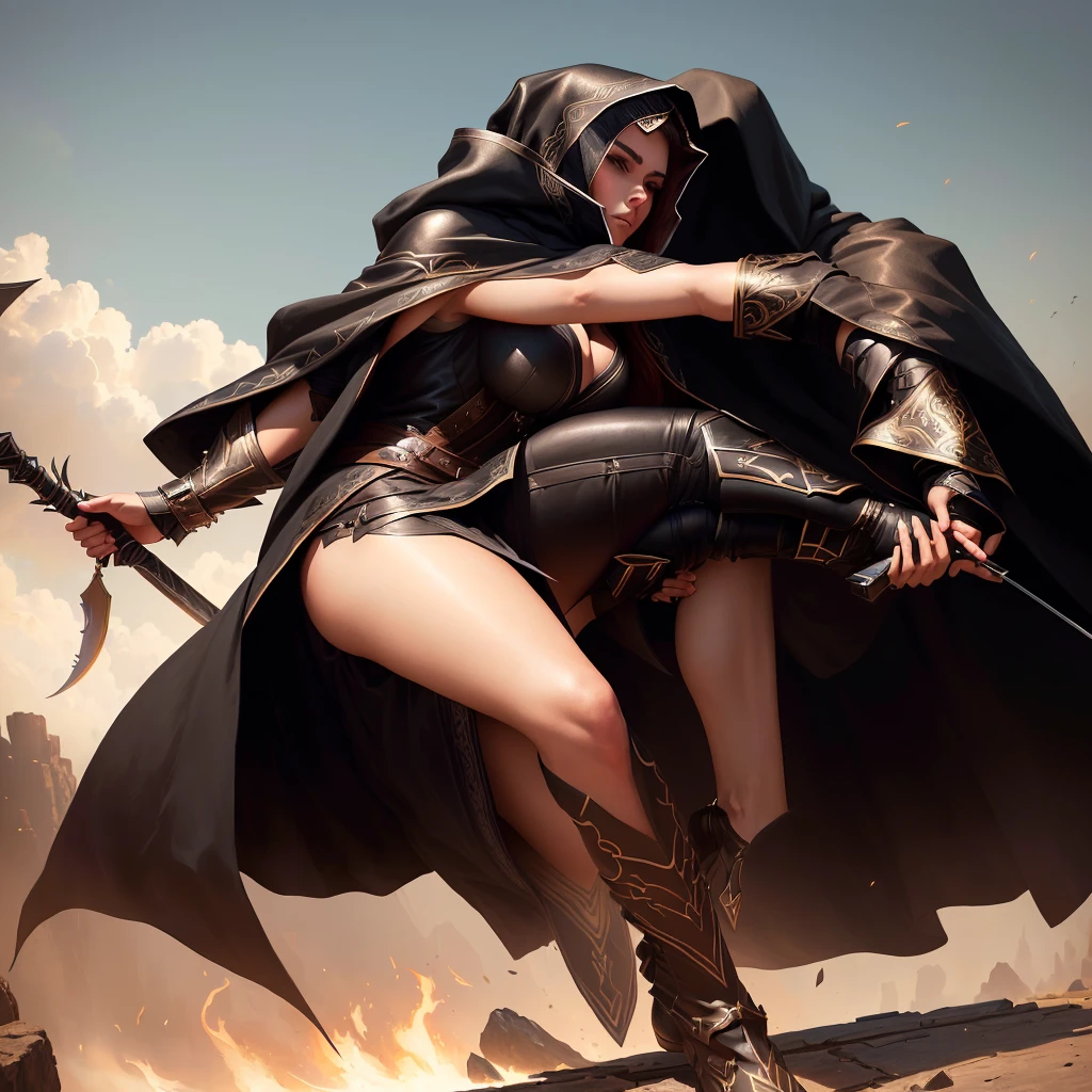 arafed woman in a black outfit with a hood, wojtek fus, warrior outfit, beautiful female assassin, flowing robes and leather armor, beautiful female warrior, fantasy leather clothing, female assassin, alena aenami and artgerm, female warrior, fantasy style clothing, by Han Gan, fantasy clothing