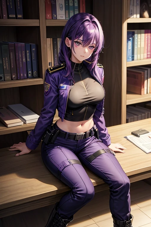 Draw Misha Fox, a unique female character. Waist-length purple hair all messed up. thin purple eyebrows, purple eyes. sleepy facial expression. small, firm and perky breasts, thin waist, big and delicious ass, perky, athletic body. She is dressed and equipped with a police uniform, pants, coat, combat boots and vest. bulletproof in black, using all protective equipment and a weapon in the bedroom of her house.
