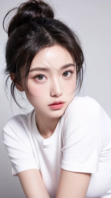 masterpiece,Best image quality,Extreme details,Ultra-high resolution,Ultra HD,Beautiful young man,Radiant Skin,Thin,Black Hair,Half a bun,1,big eyes,beautiful eyes,Lipstick,Exquisite facial features,whole body,Medium shot,Looking at the audience, t-shirt,Monochrome background,White background,Soft Light