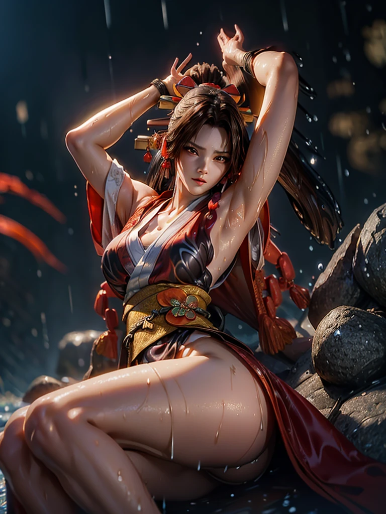 (exquisitely detailed CG unity 8k wallpaper, masterpiece-quality with stunning realism), (best illumination, best shadow), (best quality), (elegant style:1.2), Arti modern anime. angled view, heroic pose, midshot, (cel-shading style:1.3), centered image, ultra detailed closeup portrait of (Mai Shiranui:1) from (King of Fighters), best quality, expressive eyes, perfect face, highres, (ultra details), 1 girl, solo, (brown hair:1), hair ornament, eyeshadow, (gold, white and mainly red qipao:1), highly ornamented, (in Shinjuku, Tokyo:1), portrait, looking at the viewer, piercing eyes, full body, (light from the angle:1) (wind blowing:1.2).(depth of field effects:1.3) (motion action:1.2) (closeup:1.2) (motion blur effects:1), (spreading legs:1), Thin to transparent,see-through, (((Soggy-kimono:1.2))),Lace fabric, (((water-immersed body: 0.9))), jewellery, (lying down:1) (fire in the background:1.1), (asian face:1.2), (nail polish:.6), (makeup:.8), (arms and hands resting:1) (arms down:1) (sexy pose:1), (2 legs:1), (2 arms:1), (2 hands:1), (showing underwear:1.5) (arms down:1.5)
