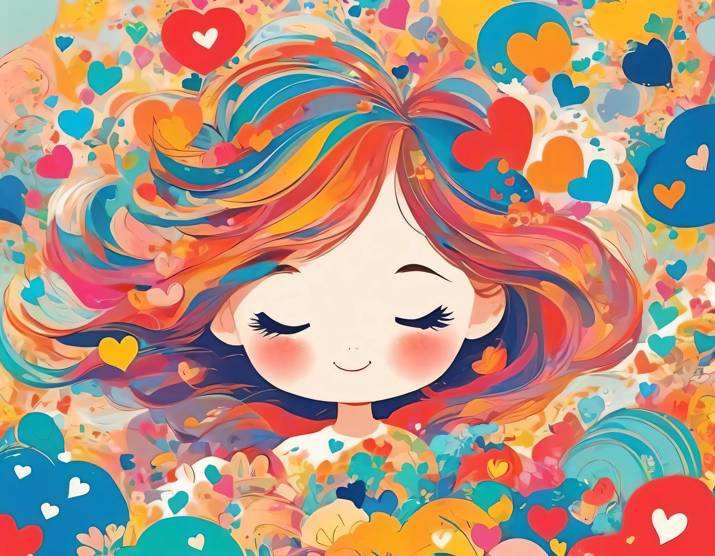 Mai Yoneyama style, Simple Line Initialism,Abstract art, colorful hearts ,(((The most beautiful girl of all time))), (((chibi))), (((Cute amoeba))), nap、best smile