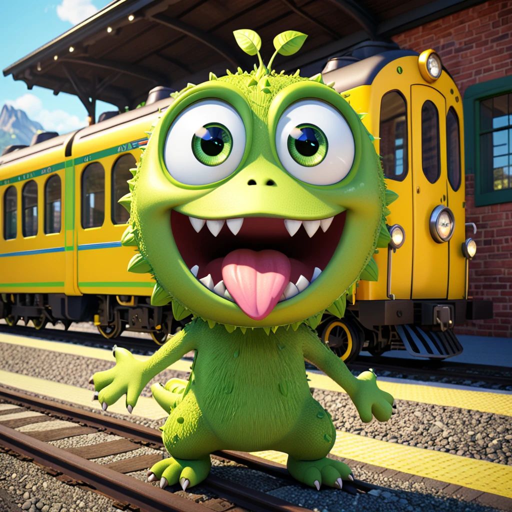 A cute train station monster with big eyes and long tongue, excitedly waiting for the train at the station. The cartoon character is designed in the style of Pixar animation studio, created using C4D software. It has an adorable green and yellow color scheme and showcases a happy expression through a speech bubble saying "Choo Choo!". --ar 1:1 --v 6.0 --3D render