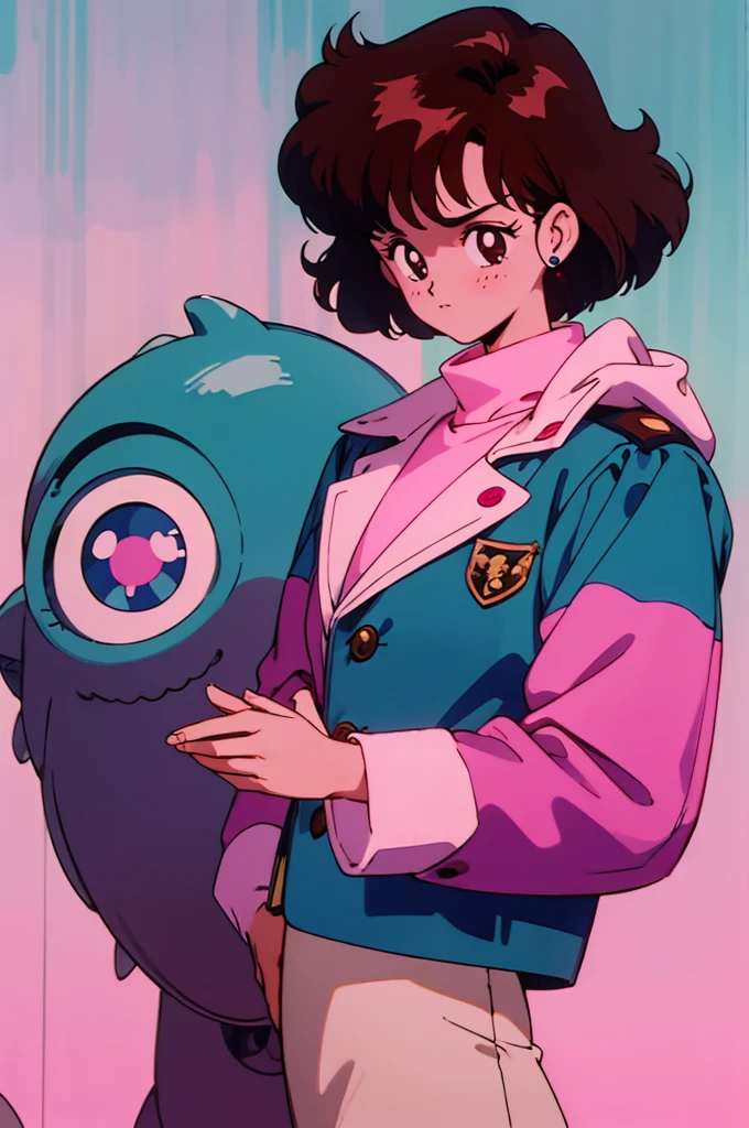 short bowl shaped hair, 1980's hair, brown hair, monster design, pink skin, monster detailing, blue jacket