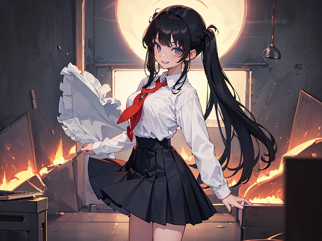 1girl, Standing upright in a classroom in a dark atmosphere at night, (schoolgirl uniform), long black hair,long pleated skirt, spooky smile,spooky light, ((wide shot)), (looking at viewer), 18 years old, ((from front shot))