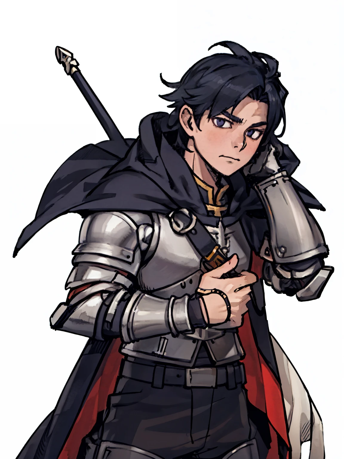 A male warrior,front,((Half Body,armor)),银色armor,Blue cape,Black Hair,middle Ages,European soldiers solid color background,White background