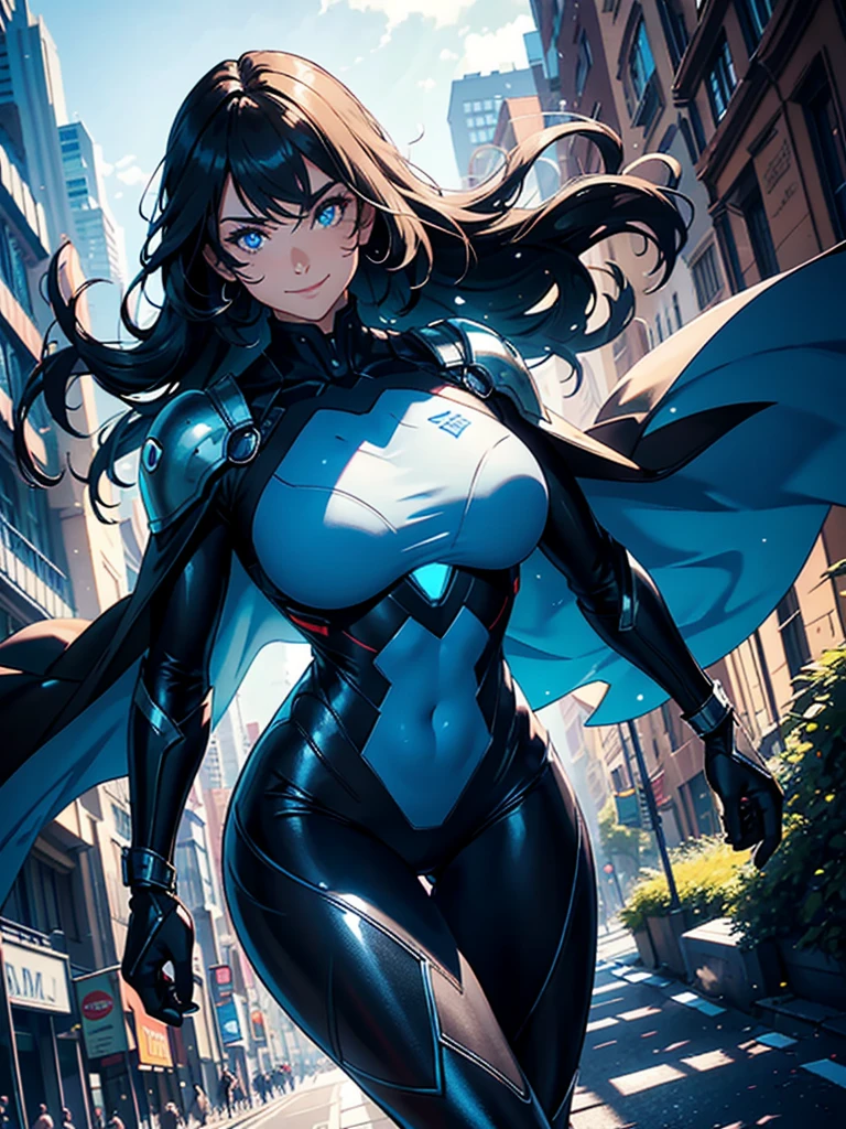 16K, HDR,UHD, RTX, ray tracing, chiaroscuro, best quality, masterpiece, ethereal, perfect illustration, digital artwork, trending on artstation, jaw-dropping perfection, ultra realistic, textured amazing lighting effects, perfect shadows, WLOP, 1girl, beautiful mature edgy woman in a cool long jacket and black pants, superhero suit, stomach covered by clothing, shoulder-length hair, shoulder-length hair, wavy hair, black hair, highly detailed glowing blue eyes, glowing eyes, blue eyes, beautiful glowy blue eyes, detailed eyes, beautiful face, perfect anatomy, broad shoulders, strong upper-body, modern city, city, beautiful weather, stunning sunshine, sunny, daylight, sunlight, modern, nature, daytime, superhero, uplifting, heroic, heroic pose, smiling, smiling at camera, athletic, hands near hips, glowy eyes, daytime, black and blue superhero suit, metal shoulder-pads, summertime, radiant sunlight, beautiful cityscape, hair blowing in wind, manly shoulders, big smile, wide smile, happy eyes, joyful, smiling with teeth, very tall, wide shoulders, tall