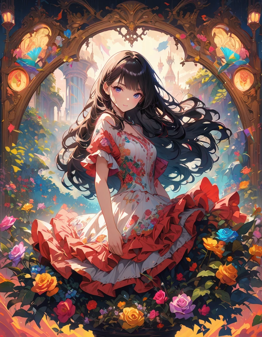 full body of anime girl character dancing and martial poses on a red and black floral bed with a flamenco dress with an essentially detailed embroidery patterned fabric with roses in the background, in the style of cute and cool, anime aesthetic, dark hair, colorful illustrations, highly detailed, in the style of digital painting, natural lighting, full body portrait, anime character design, sharp focus, highly detailed illustration, masterpiece, high definition, in the style of octane rendering, 2D game art, hyper realistic. --ar 3:4 --niji 6