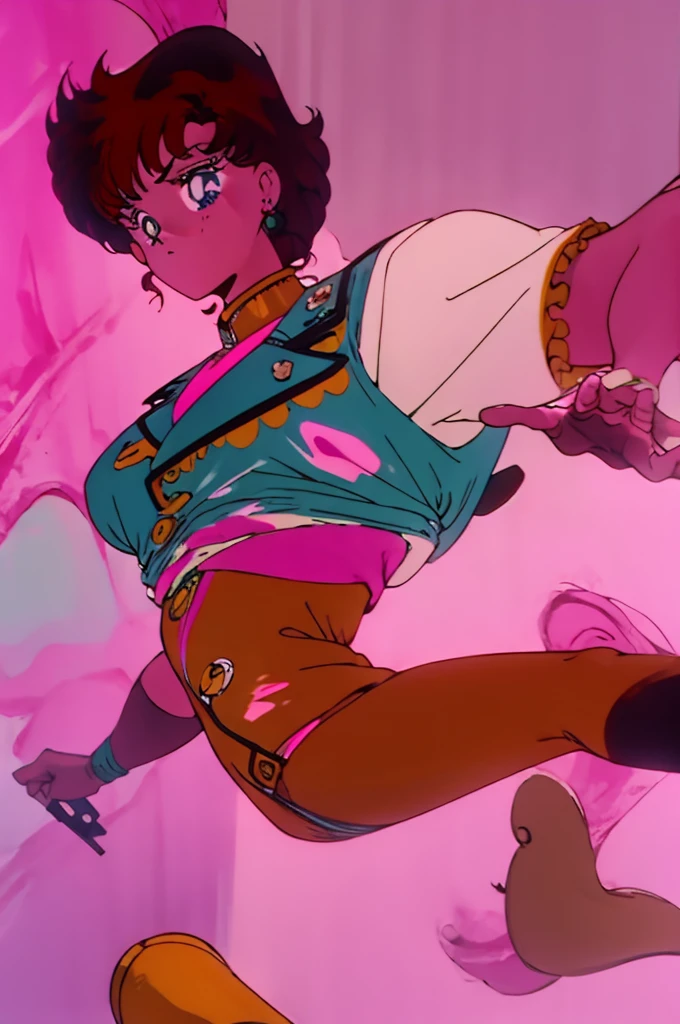 short bowl shaped hair, 1980's hair, brown hair, monster design, pink skin, monster detailing, blue jacket