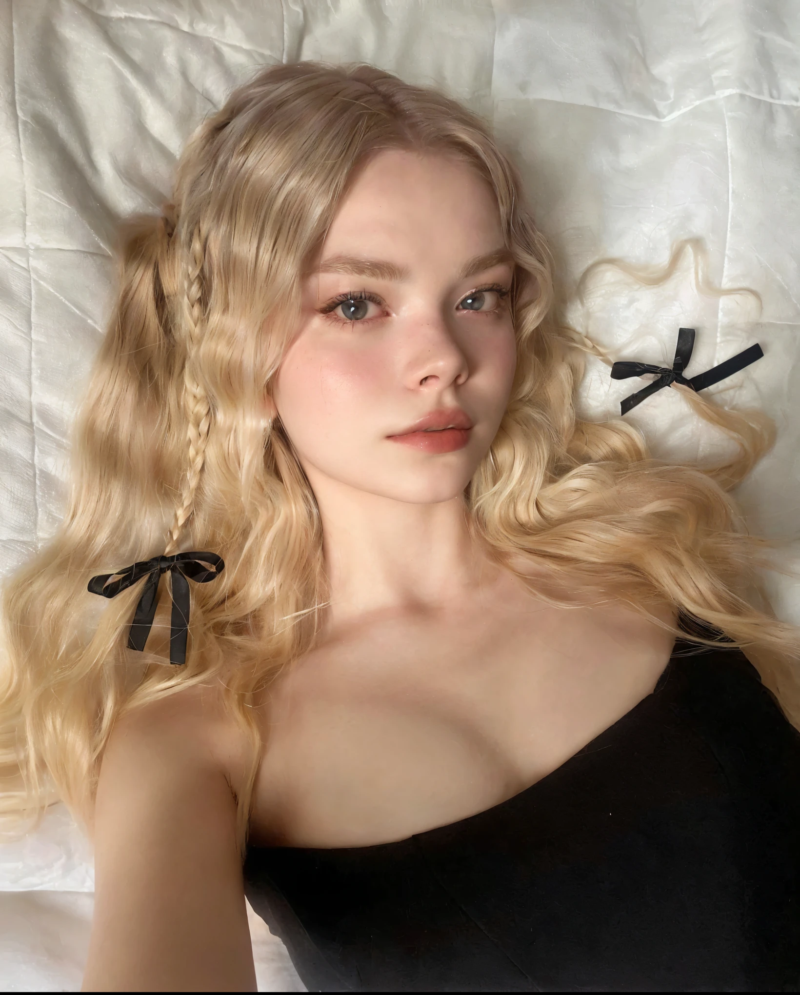 blond woman with black hair laying on a bed with a pair of scissors, pale skin curly blond hair, with long blond hair, blond hair with pigtails, with black pigtails, anya taylor-joy, anya taylor - joy, long blonde hair and large eyes, anya taylor joy, pigtails hairstyle, long blonde hair and big eyes, dressed anya taylor - joy