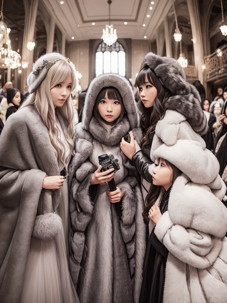 fluffyの毛皮。fluffy。Wedding dressを着た女性たちの写真。Wedding dress、Grey fur cape。Surrounded by fair-skinned adult women。Women wearing fur dresses and veils covering their faces are lined up。Beautiful women in luxurious furs。The dark dungeon of an old stone castle。Fisheye Lens、Fur coat。Multiple women。