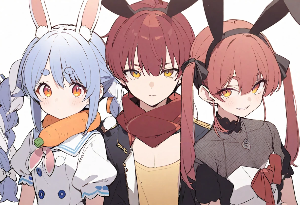 delicate、masterpiece、Highest quality、2 peopleの女の子、2 peopleだけ、2 people、virtual、Pekomari、cute、(((Houshou Marine,cute、Redhead、Twin tails in a high position、distinct eyes,Distinct eyes、Odd Eye、The left eye is yellow and the right eye is red.,captain uniform、A red open-legged top over a black mesh top、A red scarf and a light blue pendant on her chest、White gloves、Haveは無し。)))、(((Usada Pekora、Used Pekora、cute、Light blue and white hair、Braided twin tails、A carrot is stuck in the braid、Orange and yellow gradient eyes、Cute big eyes、White fluffy cute clothes、Bunny scarf、Black gloves、Fluffy bunny ears、Have。)))、White Background、Flat Color、sketch