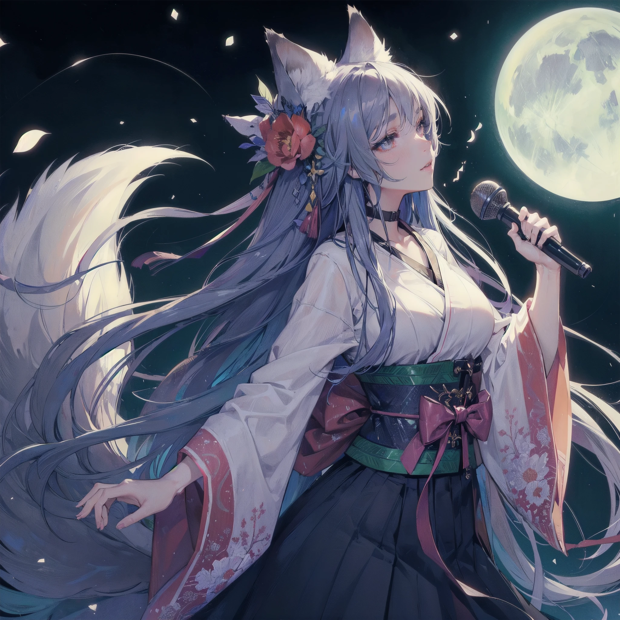  masterpiece, (textured skin), best quality, gorgeous beautiful girl, (a female wolf ears,wolf tail), detailed clothes,large breasts,narrow waist,, (beautiful face), cinematic lighting, (at night ),