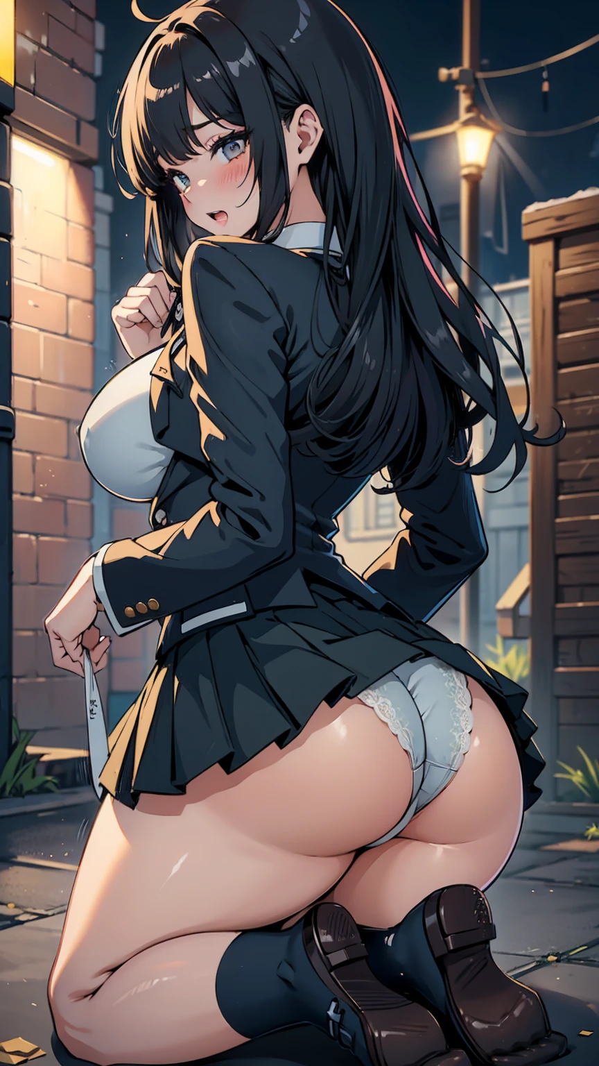 Holding money in one hand、Laugh shyly、high school girl、Browsing Caution, 1boy and 1girl, In underwear、Back alley at night、ager、Blazer uniform、Beautiful woman、Very thick thighs、Very short skirt、Lifting her skirt to show her panties、Spread your legs wide、Seducing the audience、Best image quality、High resolution、masterpiece、super high quality、Thick pubic hair、Holding money in your hands、Light green lace panties、Very big ass、Very large breasts 、Blushing、4K quality、Wearing black knee socks、Sweaty all over、Heavy breathing、{Highest quality}, {so beautiful}, {Very detailed}, {Best illustrations}, Browsing Caution, girl,