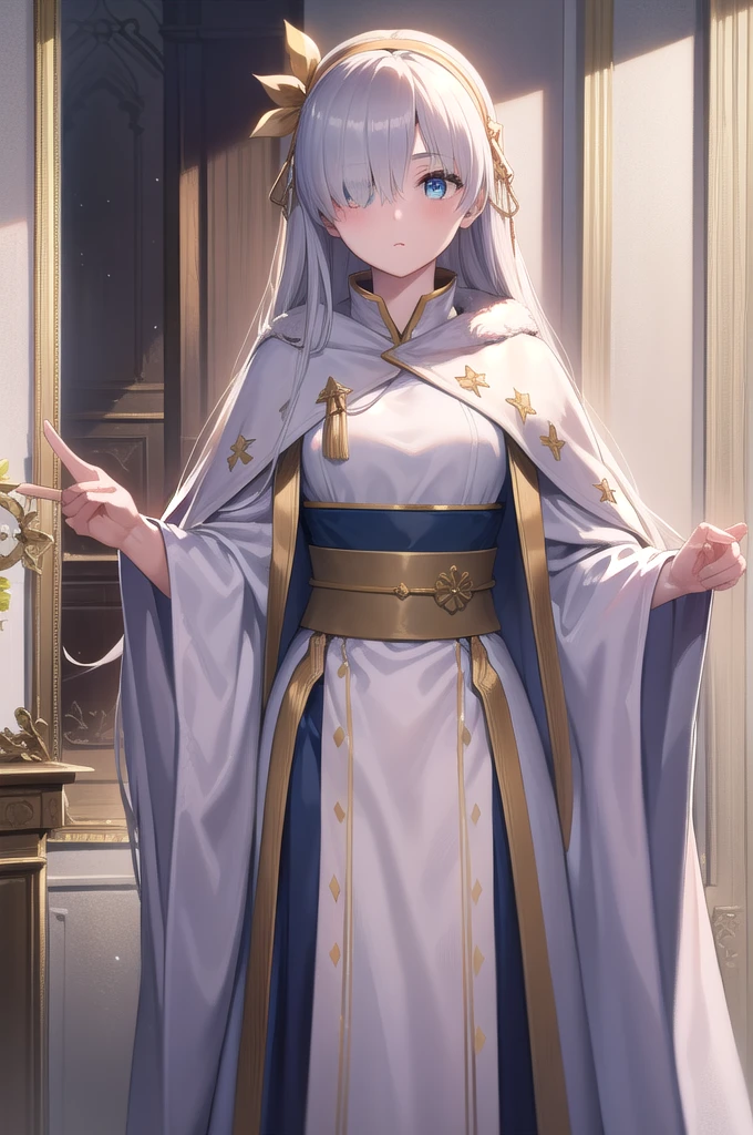 fgoAnastasia, Anastasia, blue eyes, Grey Hair, Hair between the eyes, (Hair on one eye:1.5), Long Hair, bangs,
break blue Cape, brown hair band, Cape, dress, Fur trim, hair band, Royal Robes, sash, tachi-e, white dress, Wide sleeves,
break looking at viewer,
break indoors,
break (masterpiece:1.2), Highest quality, High resolution, unity 8k wallpaper, (figure:0.8), (Beautiful attention to detail:1.6), Highly detailed face, Perfect lighting, Highly detailed CG, (Perfect hands, Perfect Anatomy),