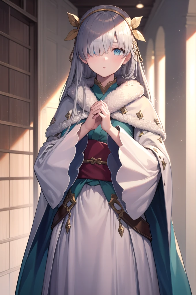 fgoAnastasia, Anastasia, blue eyes, Grey Hair, Hair between the eyes, (Hair on one eye:1.5), Long Hair, bangs,
break blue Cape, brown hair band, Cape, dress, Fur trim, hair band, Royal Robes, sash, tachi-e, white dress, Wide sleeves,
break looking at viewer,
break indoors,
break (masterpiece:1.2), Highest quality, High resolution, unity 8k wallpaper, (figure:0.8), (Beautiful attention to detail:1.6), Highly detailed face, Perfect lighting, Highly detailed CG, (Perfect hands, Perfect Anatomy),