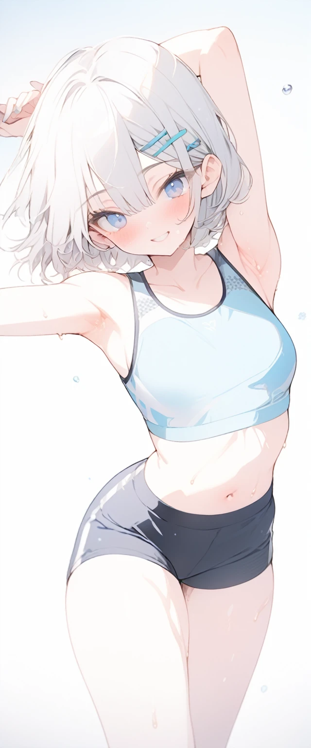 beautiful, masterpiece, Highest quality, anime, One girl, C Cup,Portrait Shot, View your viewers, Covered、Short Hair、nearby、Blue Eyes、art、、White hair,Blue streaked hair、hairpin、Cute smile、Thighs、Cute、Sweat、Sports bra、Shorts、navel、Armpit、ArmpitPeace