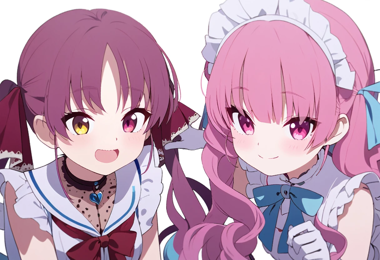 delicate、masterpiece、Highest quality、2 peopleの女の子、2 peopleだけ、2 people、virtual、Aquamarine、cute、(((Houshou Marine,cute、Redhead、Twin tails in a high position,Straight Hair、distinct eyes,The left eye is yellow and the right eye is red.,Red belly-baring outfit、A red scarf and a light blue pendant on her chest.、White gloves、Haveは無し.)))、(((Minato Aqua、cute、Pink Hair、Light blue mesh hair、Low twin tails、Curly hair、Pink Eyes、Cute sailor maid outfit、Have.)))、White Background、Flat Color、sketch