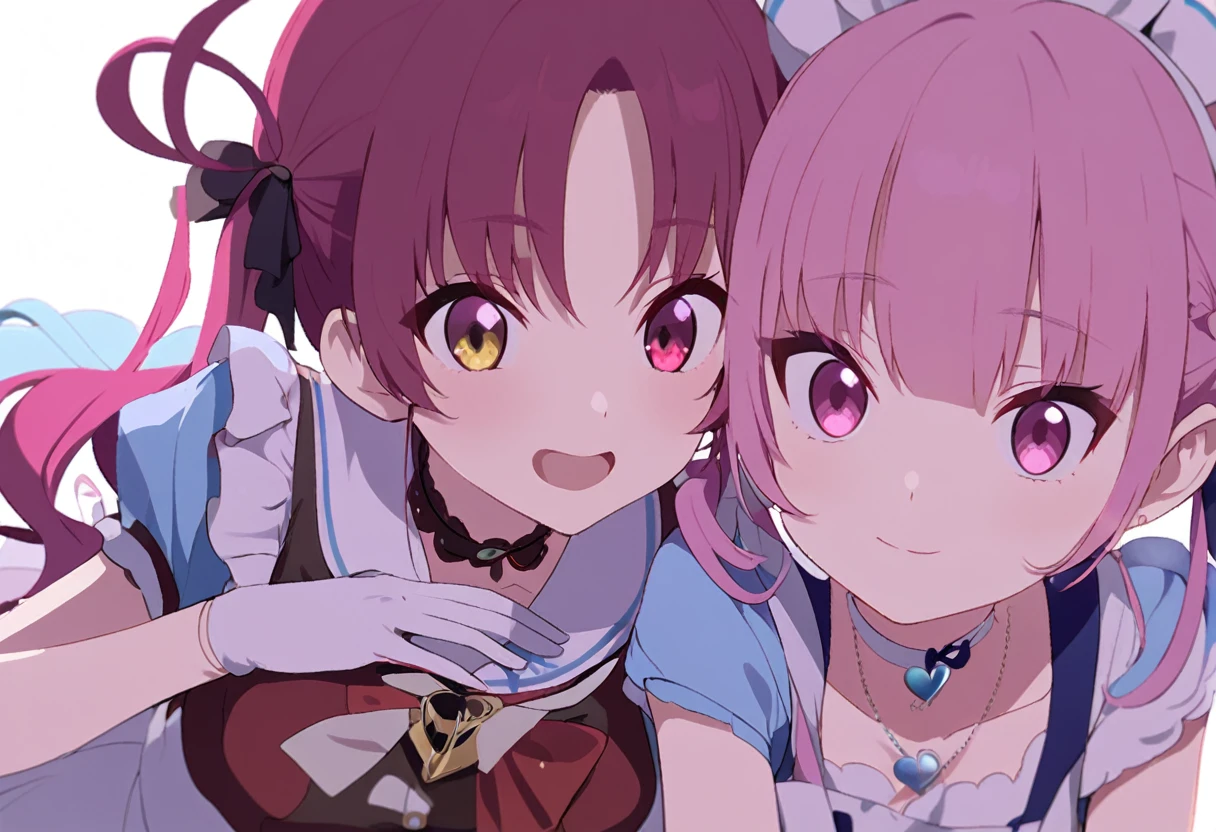 delicate、masterpiece、Highest quality、2 peopleの女の子、2 peopleだけ、2 people、virtual、Aquamarine、cute、(((Houshou Marine,cute、Redhead、Twin tails in a high position,Straight Hair、distinct eyes,The left eye is yellow and the right eye is red.,Red belly-baring outfit、A red scarf and a light blue pendant on her chest.、White gloves、Haveは無し.)))、(((Minato Aqua、cute、Pink Hair、Light blue mesh hair、Low twin tails、Curly hair、Pink Eyes、Cute sailor maid outfit、Have.)))、White Background、Flat Color、sketch