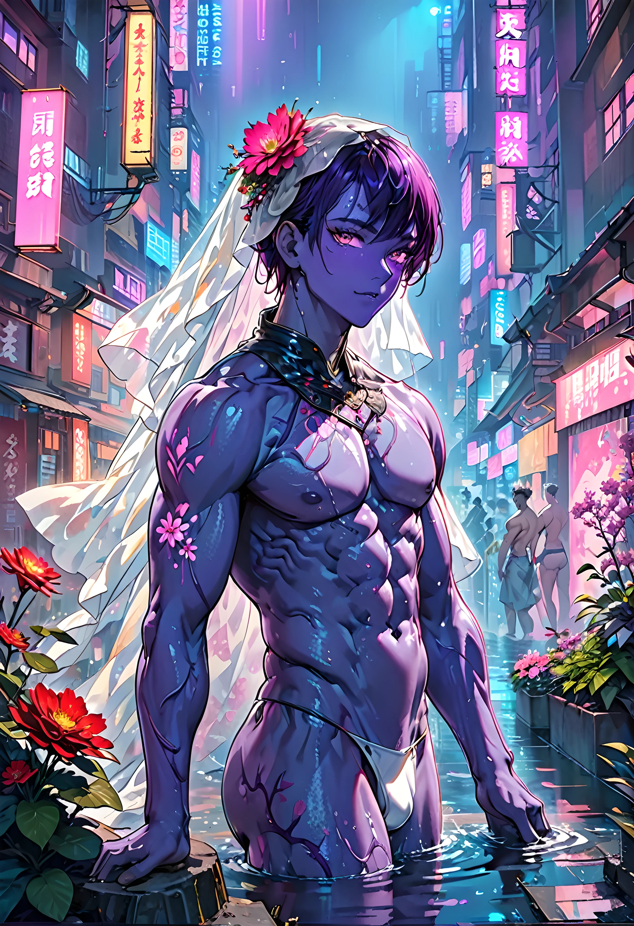 (((intricate design))) (((top quality))) (((16K))) (((high definition))) 16K splash art (((photorealistic))) high-res, ultra sharp, ((masterpiece)), the best quality, expressive eyes, perfect face, (((iridescent open robes))) super eyes, perfectly detailed anatomy (((volumetric lighting))) (((natural lighting))) in a cyberpunk city, (((neon lighting))) (((fluorescent lights))) (((backlighting))) (((nighttime))) (((1Male))) (((bodybuilder))), (((hyper muscular))) (((hyper pecs))) (((realistic bulge))) (((purple male humanoid))), (((he has purple skin))) humanoid flower, thighs (((Purple Skin!))), (((purple long hair!))) (((purple skin tone!))) (((purple skin complexion))) (((colourful tattoos))) fruity personality, pink glowing eyes, bloom, handsome humanoid male, spreading his pheromones, flower clothing, plants, pot plants, succulents, deity, god of flowers, blooming, oily skin, shiny skin, veins, veil, sheer, water, (((Man)))