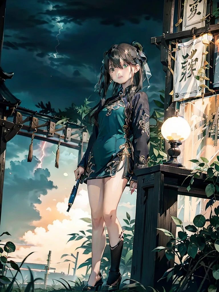 , Standing in front of a dragon statue, Holding a folding fan, Glaze expression, Wearing a green Chinese short dress, Heel, Beautiful Eyes, close, thunder efect, Lightning Particles, Outdoor, masterpiece