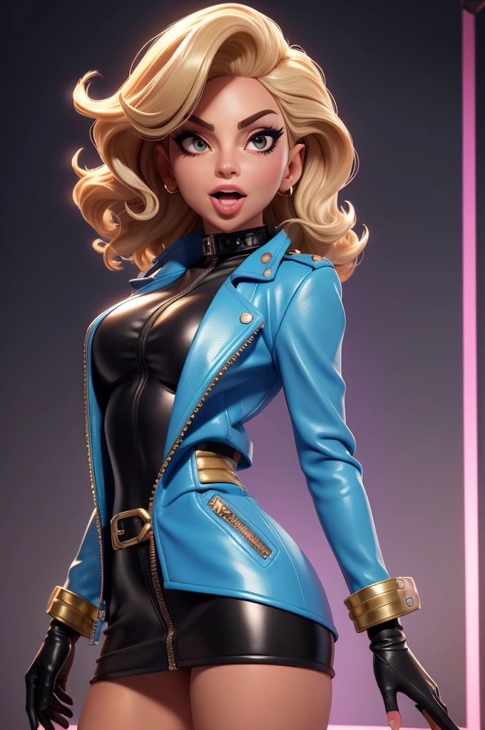 obra prima, melhor qualidade, ((only one woman,)) ((lady gaga, tan skin, wavy bob hair, open mouth,)) head back, (sassy wicked sultry sneer, big teeth smile,) open mouth, pucker mouth, sunglasses, thick smoky black eye shadow, long fake eyelashes, sticking tongue out, ((magenta leather jacket with puff shoulder,)) biker jacket has stiff collar, leather blouse, ((cerulean blue leather sweater dress, metallic leather sun dress, leather culottes,)) periwinkle blazer length leather coat, ((gold pvc skirt, pockets, unzipped front,)) studs zippers snaps, shiny leather gloves, nip slip, body is skinny, shiny tight buttocks, arched back, camera view of whole body, looking up at me, shallow depth of field, highres, HD, 8k, anatomically correct