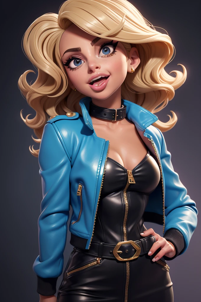 obra prima, melhor qualidade, ((only one woman,)) ((lady gaga, tan skin, wavy bob hair, open mouth, sticking tongue out side of mouth,)) head back, (sassy wicked sultry sneer, big teeth smile,) open mouth, pucker mouth, sunglasses, ((thick smoky black eye shadow, long fake eyelashes, sticking tongue out,)) (cerulean blue leather jacket with puff shoulder,) biker jacket has stiff collar, leather blouse, (magenta leather sweater dress, metallic leather sun dress, leather culottes,) ((gold blazer length leather coat,)) (periwinkle pvc skirt, pockets, unzipped front,) studs zippers snaps, shiny leather gloves, nip slip, body is skinny, shiny tight buttocks, arched back, camera view of whole body, looking up at me, shallow depth of field, highres, HD, 8k, anatomically correct