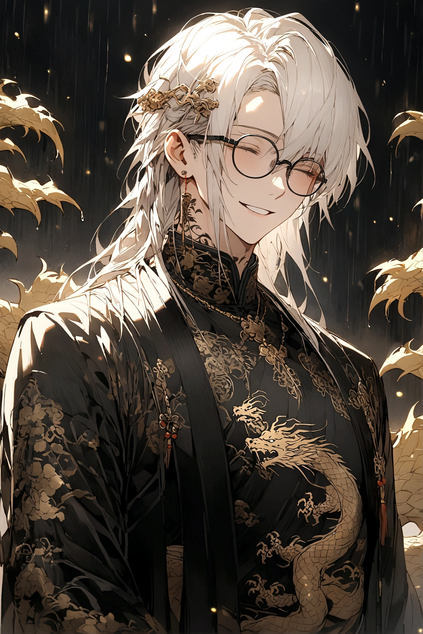 Long white hair, always smile and close the eyes,male,slim,have abs and muscles little, black Chinese long clothes with golden dragon patterns, black dragon tattoos on neck, black rimless glasses on head, black gloves,**close the eyes**,alone,The background have bamboo raining