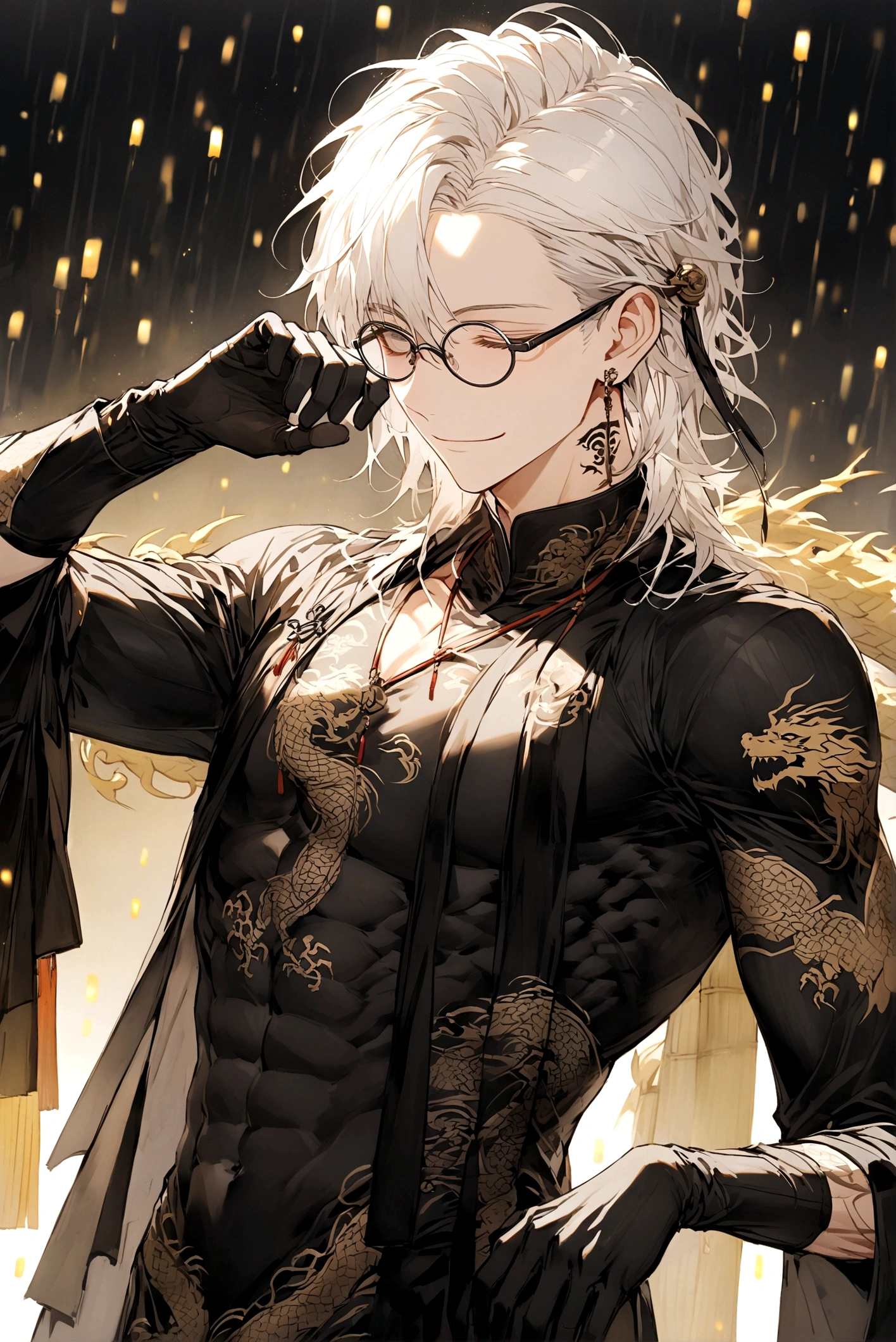 Long white hair, always smile and close the eyes,male,slim,have abs and muscles little, black Chinese long clothes with golden dragon patterns, black dragon tattoos on neck, black rimless glasses on head, black gloves,**close the eyes**,alone,The background have bamboo raining