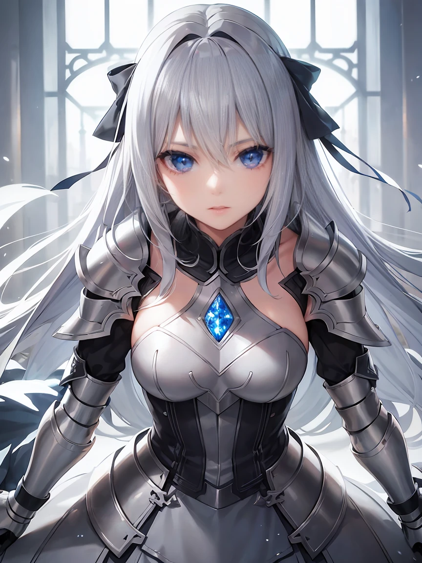 Gray hair straight long、Beautiful sparkling dark blue eyes、Detailed eyes、high quality、masterpiece、One Woman、solo、White Knight、Silver Armor、Rin々Shii、Focus on the Opponent、Anime style face