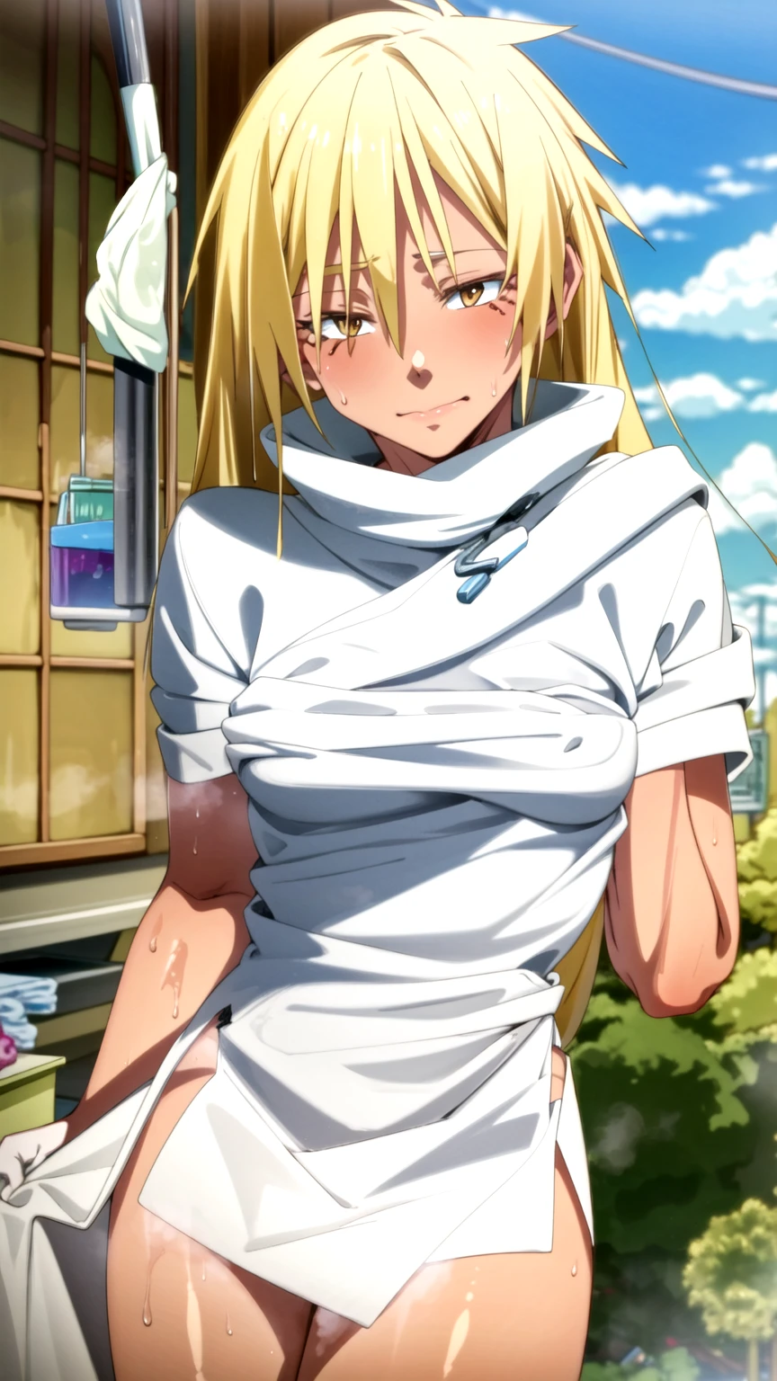 Masterpiece, best quality, very detailed, Ultra high resolution, (photorealistic:1.4), raw photos, (realistic:0.2), 1 girl, alone, long hair,,8k hdr, 1 girl,Blonde hair, shy ,sweat,wet,moist,steam, medium-large breast, bright eyes, , medium-small breasts,,Wrapped in towel , Laundry shop ·
