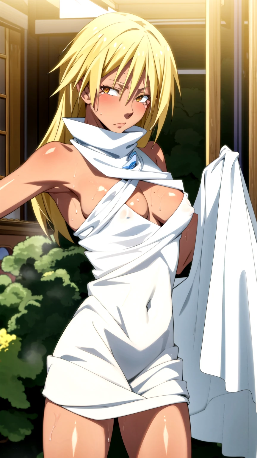 Masterpiece, best quality, very detailed, Ultra high resolution, (photorealistic:1.4), raw photos, (realistic:0.2), 1 girl, alone, long hair,,8k hdr, 1 girl,Blonde hair, shy ,sweat,wet,moist,steam, medium-large breast, bright eyes, , medium-small breasts,,Wrapped in towel , Laundry shop ·
