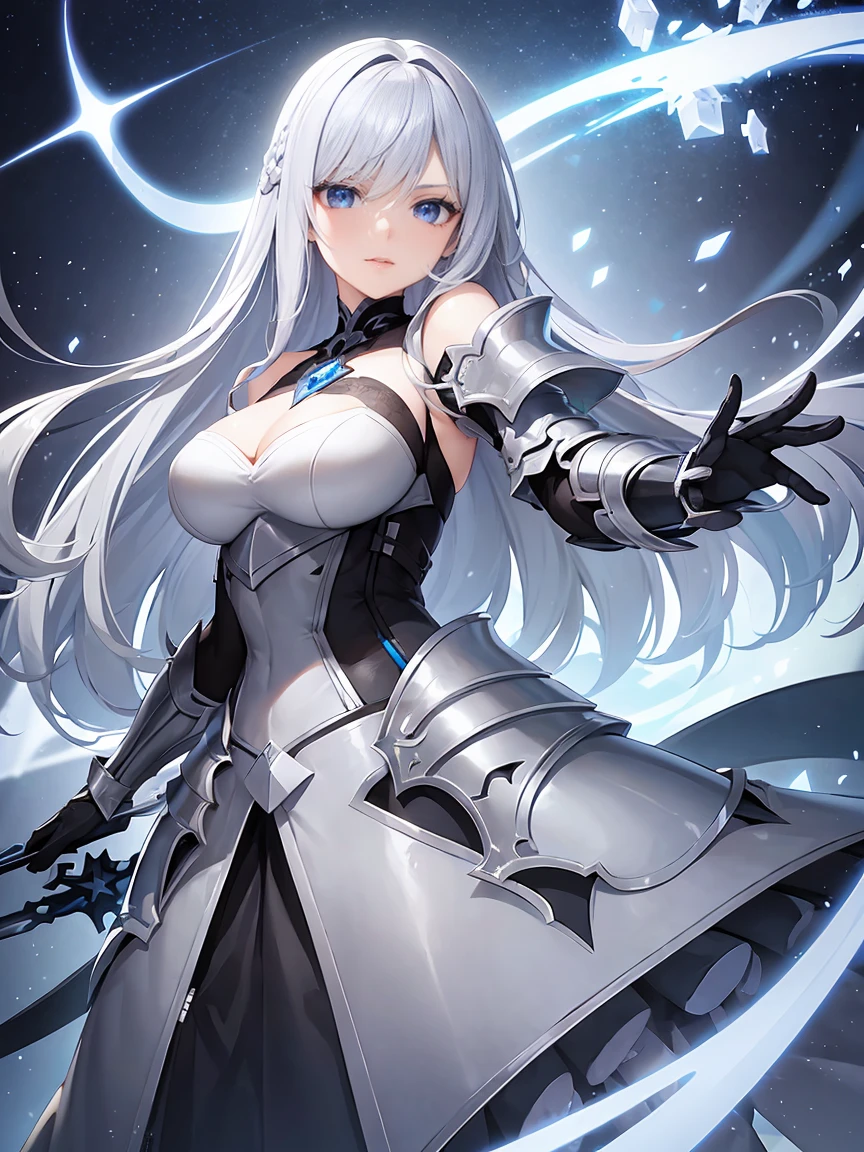 Gray hair straight long、Beautiful sparkling dark blue eyes、Detailed eyes、high quality、masterpiece、One Woman、solo、White Knight、Silver Armor、Rin々Shii、Focus on the Opponent、Anime style face