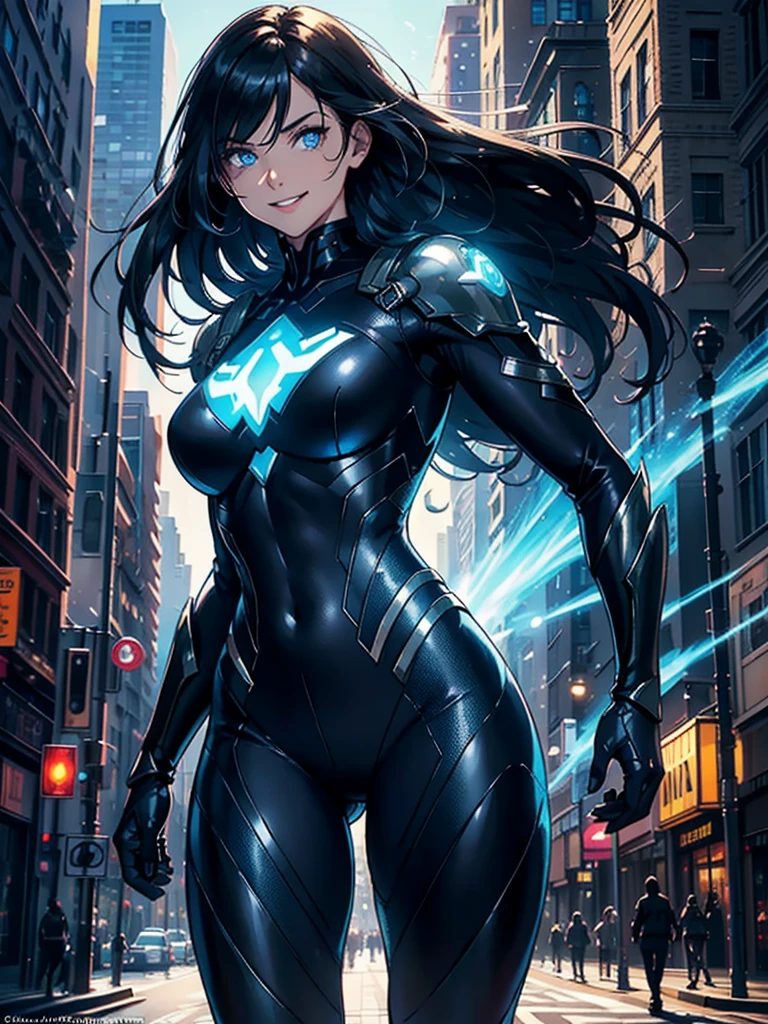 16K, HDR,UHD, RTX, ray tracing, chiaroscuro, best quality, masterpiece, ethereal, perfect illustration, digital artwork, trending on artstation, jaw-dropping perfection, ultra realistic, textured amazing lighting effects, perfect shadows, WLOP, 1girl, beautiful mature edgy woman in a cool long jacket and black pants, superhero suit, stomach covered by clothing, shoulder-length hair, shoulder-length hair, wavy hair, black hair, highly detailed glowing blue eyes, glowing eyes, blue eyes, beautiful glowy blue eyes, detailed eyes, beautiful face, perfect anatomy, broad shoulders, strong upper-body, modern city, city, beautiful weather, stunning sunshine, sunny, daylight, sunlight, modern, nature, daytime, superhero, uplifting, heroic, heroic pose, smiling, smiling at camera, athletic, hands near hips, glowy eyes, daytime, black and blue superhero suit, metal shoulder-pads, summertime, radiant sunlight, beautiful cityscape, hair blowing in wind, manly shoulders, big smile, wide smile, happy eyes, joyful, smiling with teeth, very tall, wide shoulders
