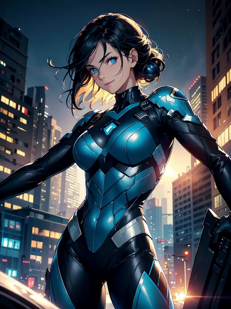 16K, HDR,UHD, RTX, ray tracing, chiaroscuro, best quality, masterpiece, ethereal, perfect illustration, digital artwork, trending on artstation, jaw-dropping perfection, ultra realistic, textured amazing lighting effects, perfect shadows, WLOP, 1girl, beautiful mature edgy woman in a cool long jacket and black pants, superhero suit, stomach covered by clothing, shoulder-length hair, shoulder-length hair, wavy hair, black hair, highly detailed glowing blue eyes, glowing eyes, blue eyes, beautiful glowy blue eyes, detailed eyes, beautiful face, perfect anatomy, broad shoulders, strong upper-body, modern city, city, beautiful weather, stunning sunshine, sunny, daylight, sunlight, modern, nature, daytime, superhero, uplifting, heroic, heroic pose, smiling, smiling at camera, athletic, hands near hips, glowy eyes, daytime, black and blue superhero suit, metal shoulder-pads, summertime, radiant sunlight, beautiful cityscape, hair blowing in wind, manly shoulders, big smile, wide smile, happy eyes, joyful, smiling with teeth, very tall, wide shoulders