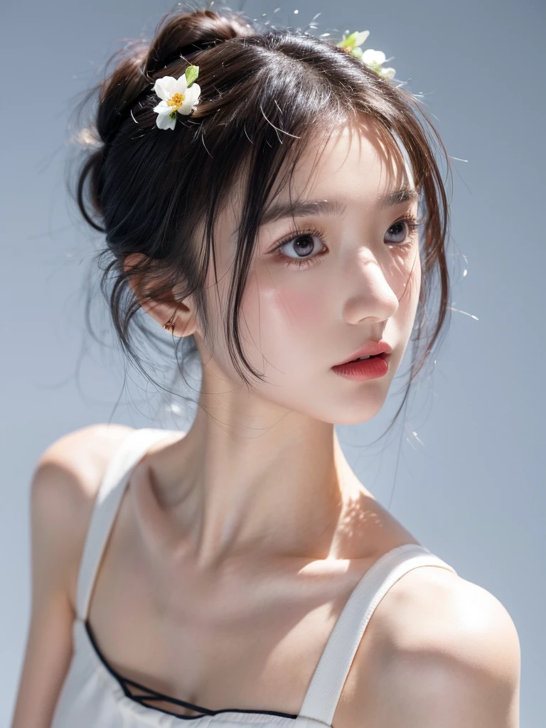 masterpiece,Best picture quality,Extreme details,Ultra-high resolution,Ultra-high definition,Beautiful young people,Glowing skin,thin,Black Hair,Half bun,1,big eyes,beautiful eyes,Lipstick,Exquisite facial features,Medium shot,Looking at the viewer, Tube Top Suspenders,Single tone background,White background,Soft light,Wear flowers on your head