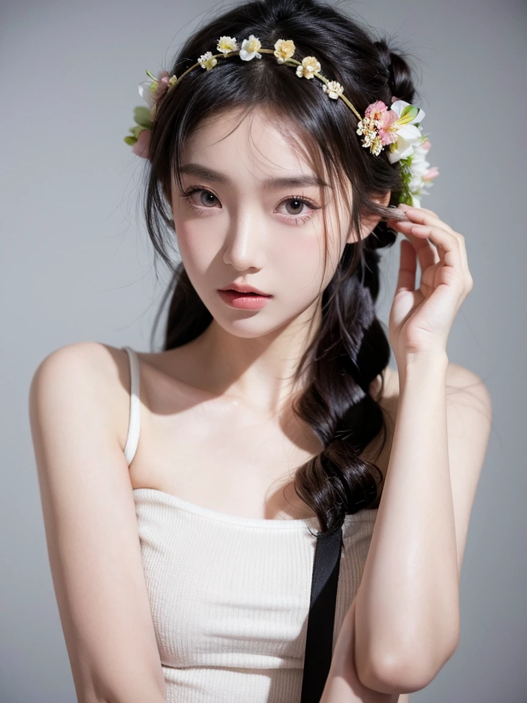 masterpiece,Best picture quality,Extreme details,Ultra-high resolution,Ultra-high definition,Beautiful young people,Glowing skin,thin,Black Hair,Half bun,1,big eyes,beautiful eyes,Lipstick,Exquisite facial features,Medium shot,Looking at the viewer, Tube Top Suspenders,Single tone background,White background,Soft light,Wear flowers on your head