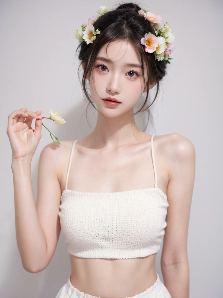 masterpiece,Best picture quality,Extreme details,Ultra-high resolution,Ultra-high definition,Beautiful young people,Glowing skin,thin,Black Hair,Half bun,1,big eyes,beautiful eyes,Lipstick,Exquisite facial features,Medium shot,Looking at the viewer, Tube Top Suspenders,Single tone background,White background,Soft light,Wear flowers on your head