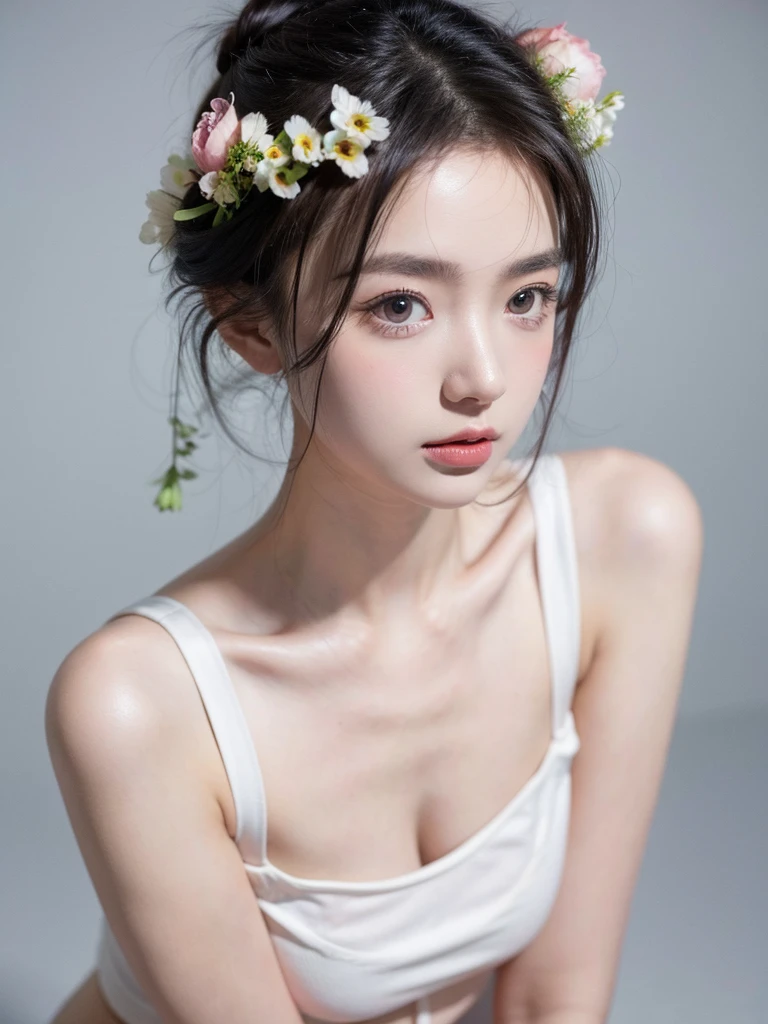 masterpiece,Best picture quality,Extreme details,Ultra-high resolution,Ultra-high definition,Beautiful young people,Glowing skin,thin,Black Hair,Half bun,1,big eyes,beautiful eyes,Lipstick,Exquisite facial features,Medium shot,Looking at the viewer, Tube Top Suspenders,Single tone background,White background,Soft light,Wear flowers on your head