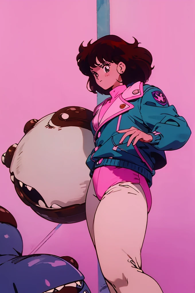 short bowl shaped hair, 1980's hair, brown hair, monster design, pink skin, monster detailing, blue jacket