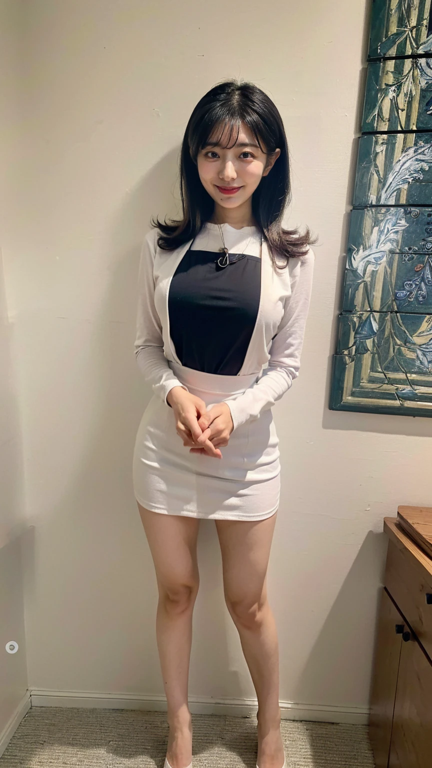 (8K、RAW Photos、Highest quality、masterpiece:1.2)、(Realistic、Realistic)、1 girl、((Office worker outfit:1.5、With pubic hair、Large Breasts、Full body from the front、Standing with hands behind back、))、Lots of eyelashes、Glowing eyelids、skeletally correct、smile、This photo will awaken boys to sex