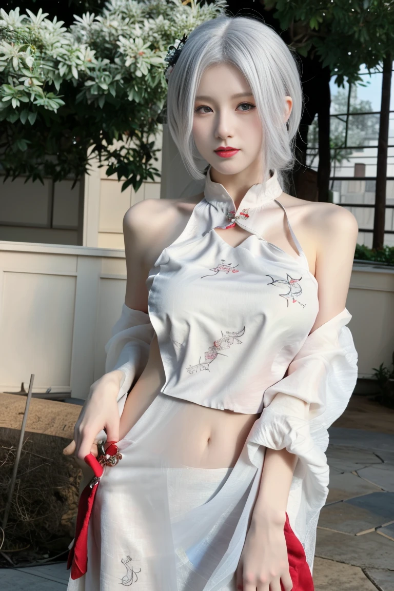 best quality, tmasterpiece,Ultra-high resolution,Clear face,(Reality:1.4),ferpect lighting,(upper body shot:1.5), (photorealistic:1.50), anime wallpaper, Guviz style artwork, cover-up fantasy up to magic , by Yang J, Guviz, beautiful artwork illustration, beautiful digital artwork, beautiful digital illustration, Li Song, beautiful anime portrait, art style in Beauvot,1girl,独奏, white hair, hair ornament,One eye is covered by hair ,see-through,looking at viewer,full body,full-body shot,outdoors,arms behind back,(chinese clothes)