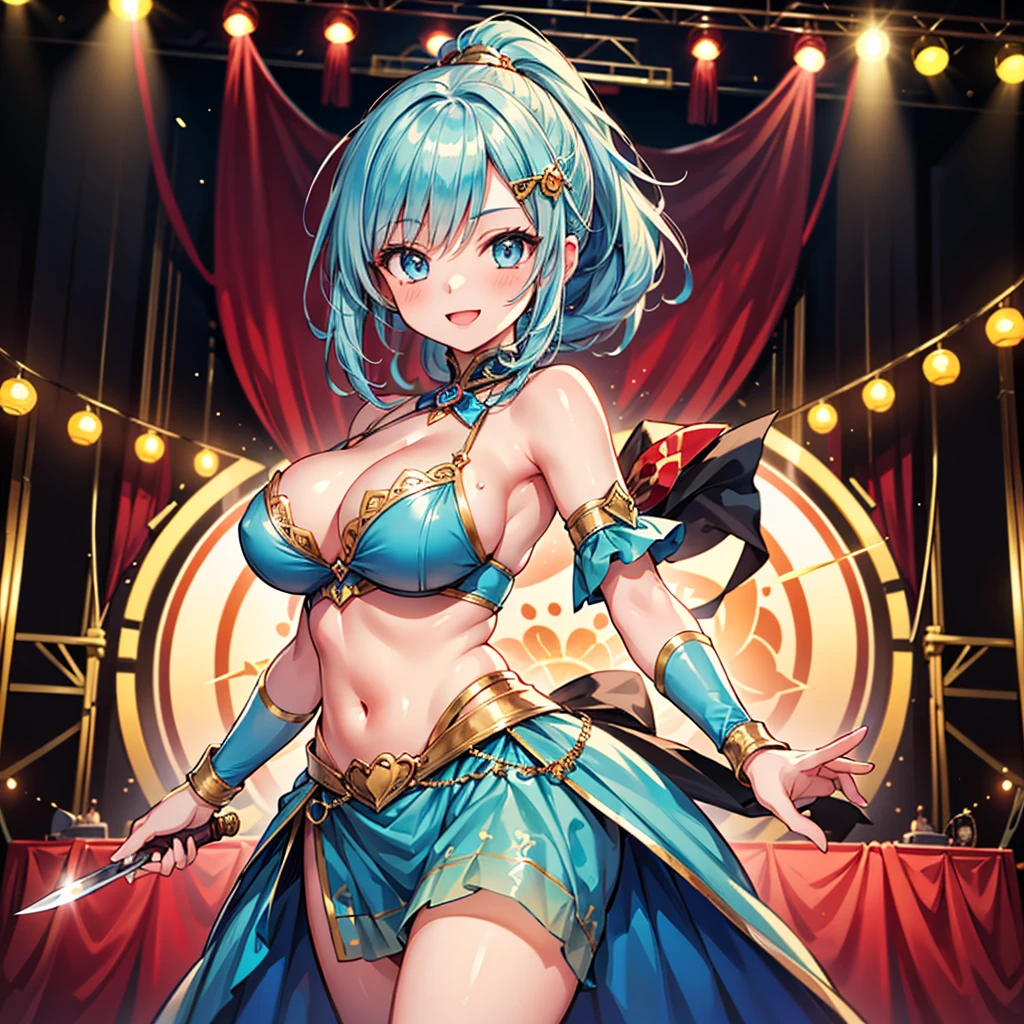 Anime Moe Art Style,Highest quality,High resolution,Anatomically correct,One Girl,Mid-teens,Girl with light blue hair in a ponytail,Very detailed,Fantasy World,Big Breasts,Shiny skin,Beautiful Skin,A rich expression,A big smile,Circus,Stage Costumes,Knife throwing tricks,Detailed drawn eyes,hair ornaments,8K