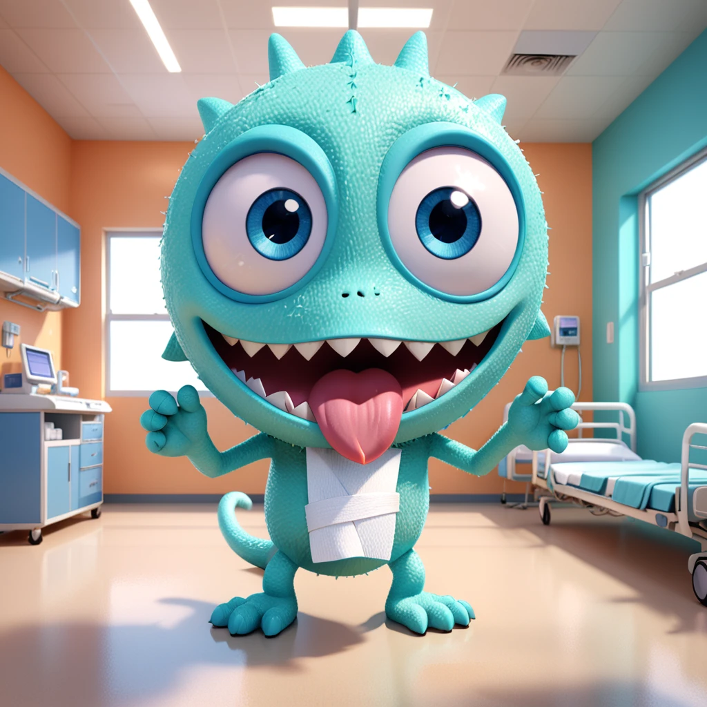 A cute hospital monster with big eyes and long tongue, cheerfully holding a bandage in the hospital. The cartoon character is designed in the style of Pixar animation studio, created using C4D software. It has a soft pastel color scheme and showcases a comforting expression through a speech bubble saying "Ouch!". --ar 1:1 --v 6.0 --3D render