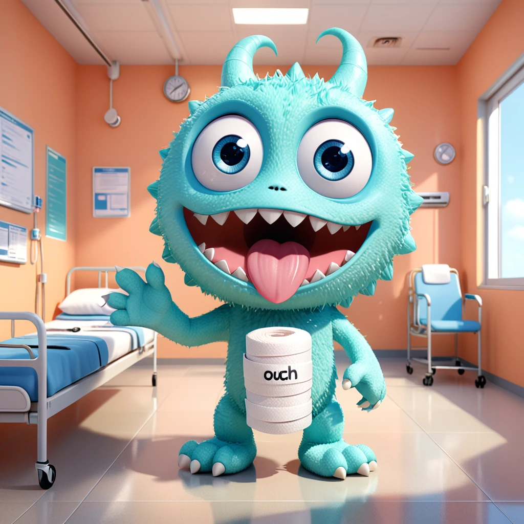 A cute hospital monster with big eyes and long tongue, cheerfully holding a bandage in the hospital. The cartoon character is designed in the style of Pixar animation studio, created using C4D software. It has a soft pastel color scheme and showcases a comforting expression through a speech bubble saying "Ouch!". --ar 1:1 --v 6.0 --3D render