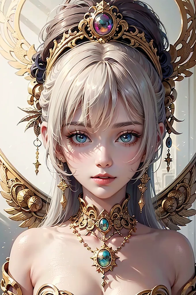 Generate a mesmerizing visual featuring a girl adorned in an exquisite IvoryGold Style ensemble. Her attire combines a rich palette of white and gold hues, creating an opulent and timeless look. Surround her with intricate fractal art patterns that seem to come alive, adding a surreal and otherworldly dimension to her presence, creatives, tangled, entangle, high_res