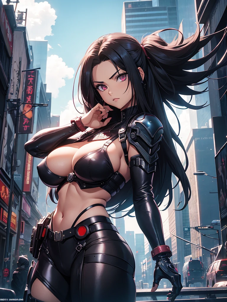 Battle angel alita, sexy, big boobs, big dark wings, she's a giant like godzilla near the city neo-Tokyo  like we see in evangelion