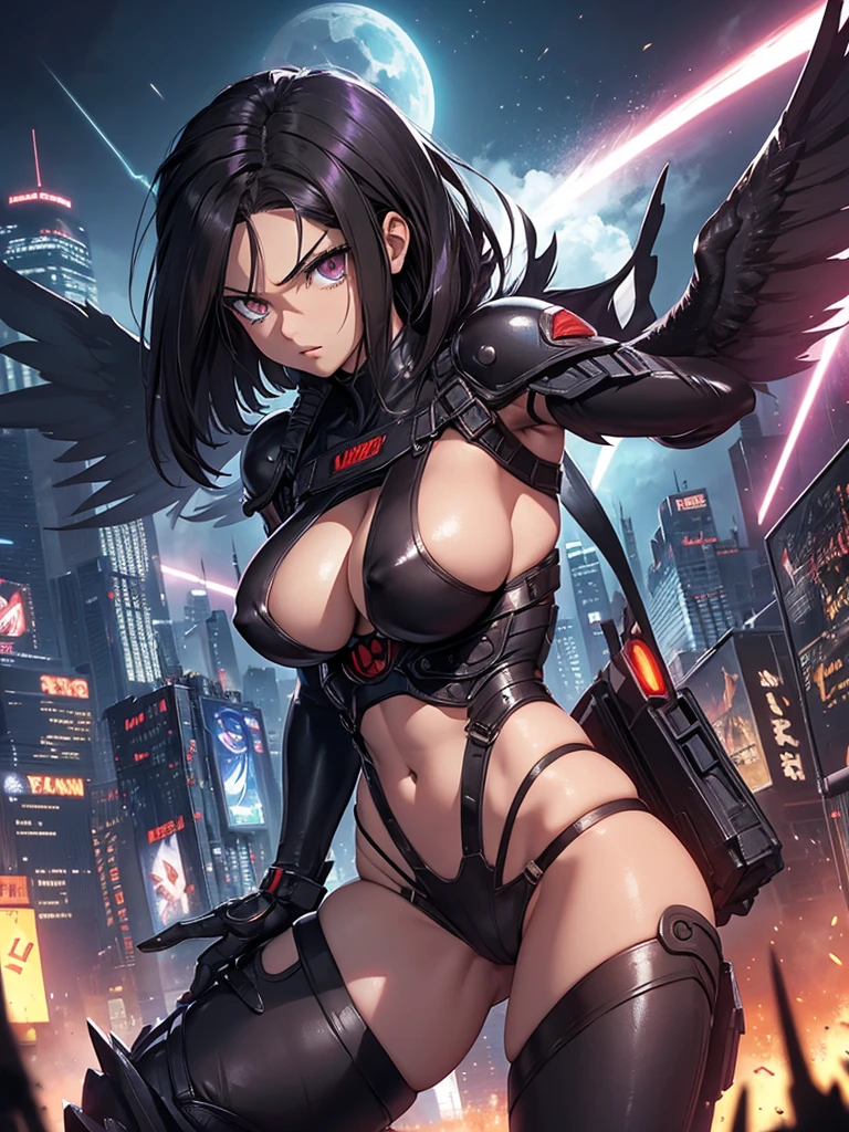 Battle angel alita, sexy, big boobs, big dark wings, she's a giant like godzilla near the city neo-Tokyo like we see in evangelion
