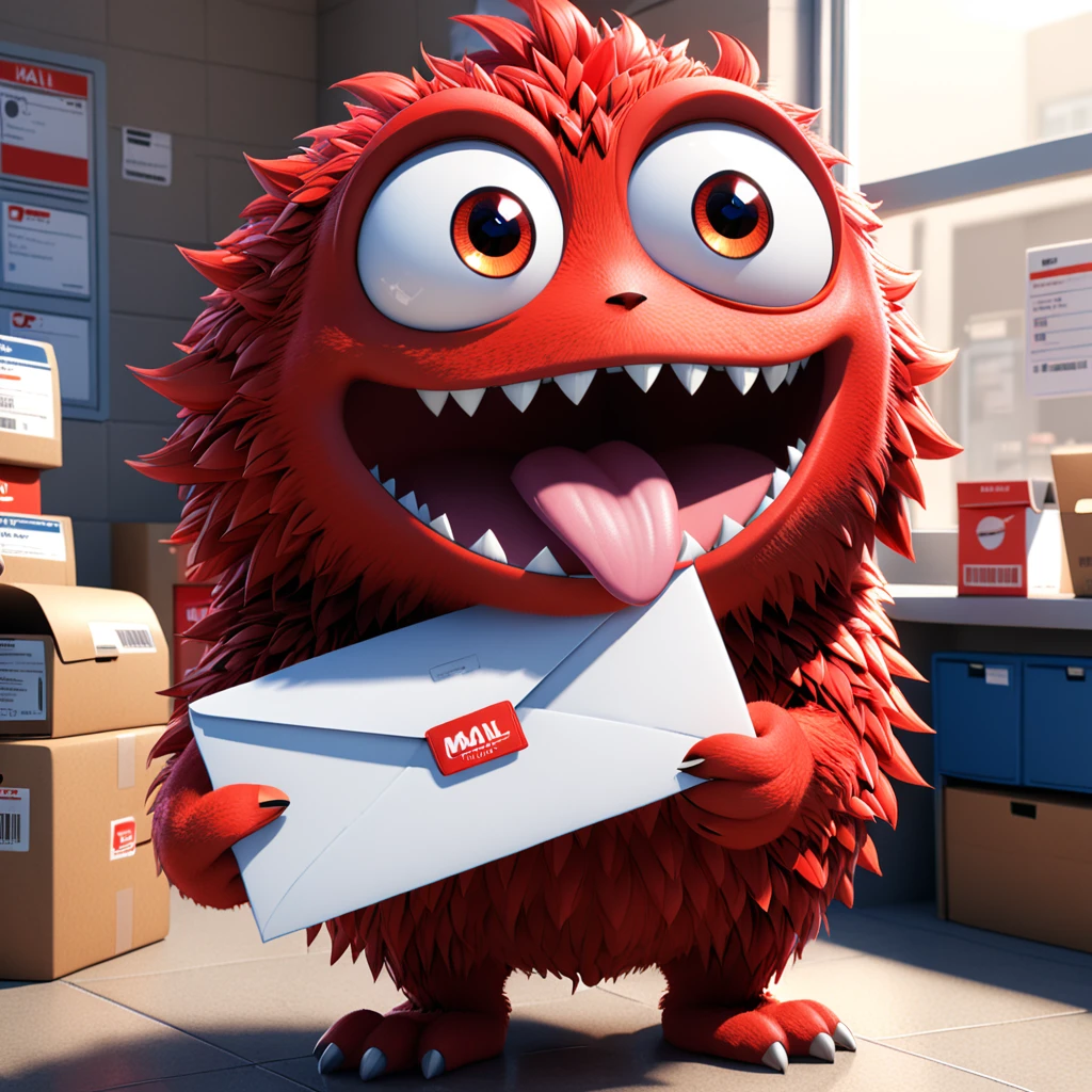 A cute post office monster with big eyes and long tongue, happily holding letters at the post office. The cartoon character is designed in the style of Pixar animation studio, created using C4D software. It has a bright red and white color scheme and showcases a joyful expression through a speech bubble saying "Mail Time!". --ar 1:1 --v 6.0 --3D render