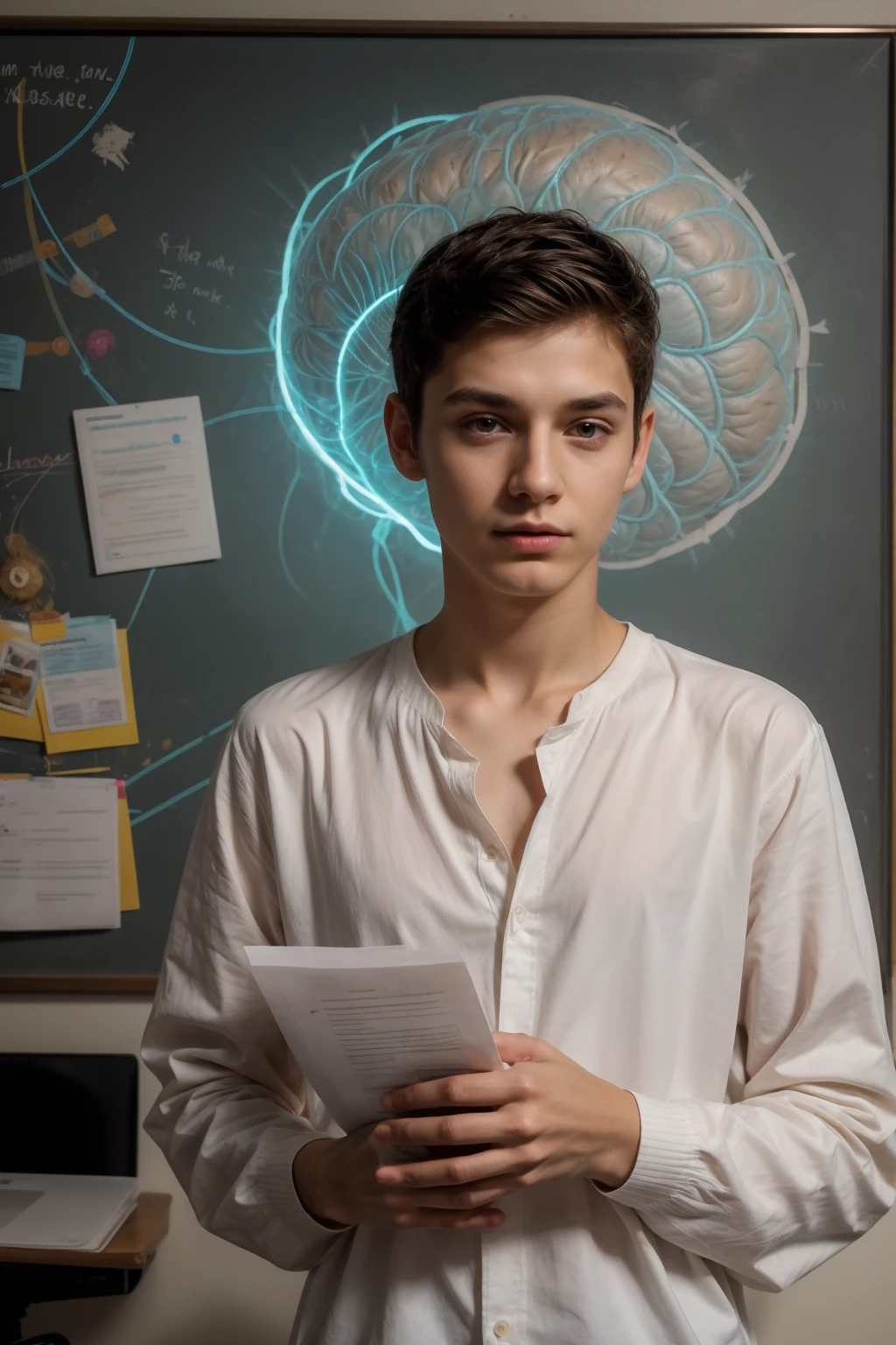 A beautiful young male twink, cute, with black hair, a face with reddish make-up, wearing a bright white long-sleeved shirt and aqua blue pants. He is in his office, and behind him is a blackboard on which is written the shape of the brain and its anatomy, from which nuclear energy emerges, and in his hand is a paper sheet with manuscripts on it. The phrase “The Greatest Mind.”